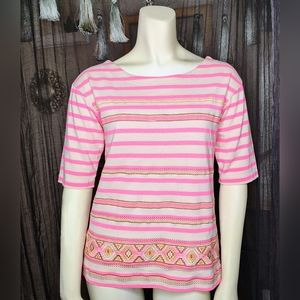 J. Crew Stitchwork Neon Pink & Ivory Stripe Embroidered Top T-Shirt Women's XS